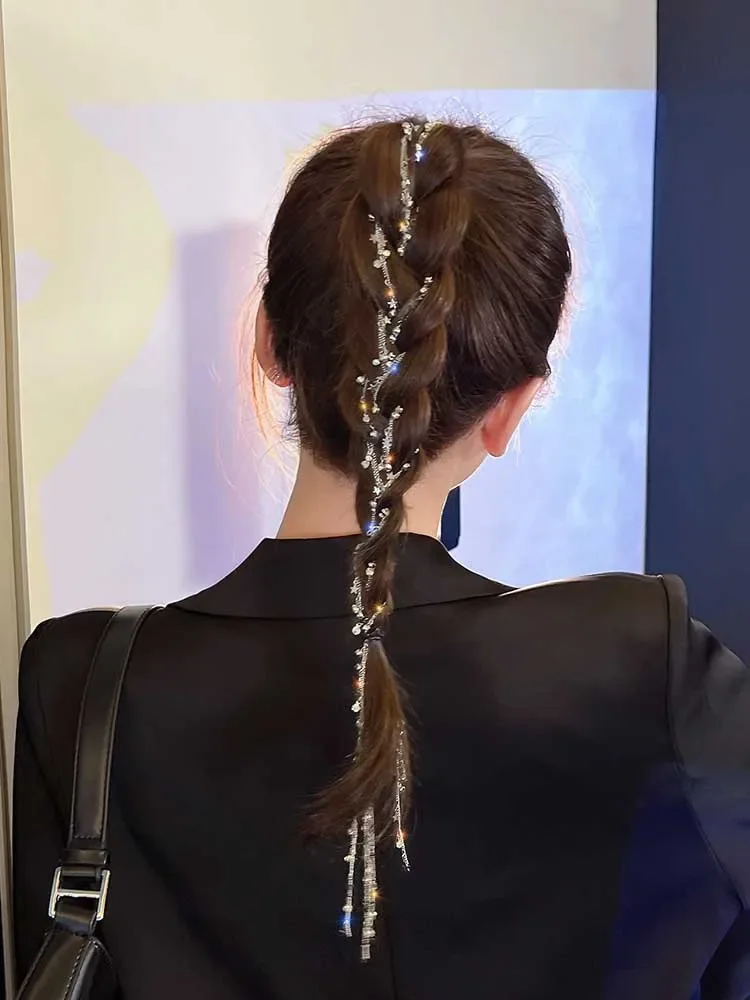 New Crystal Tassels Ponytail Hair Clips Ornaments Women Wedding Dreadlocks Hair Braid Silver Star Rhinestone Headdress