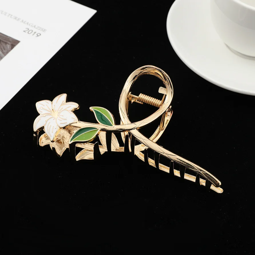 Luxury Black Metal Flower Hair Claw Clips Ponytail Grab Hair Clips For Woman Hairpins Girl Hair Accessories Headdress
