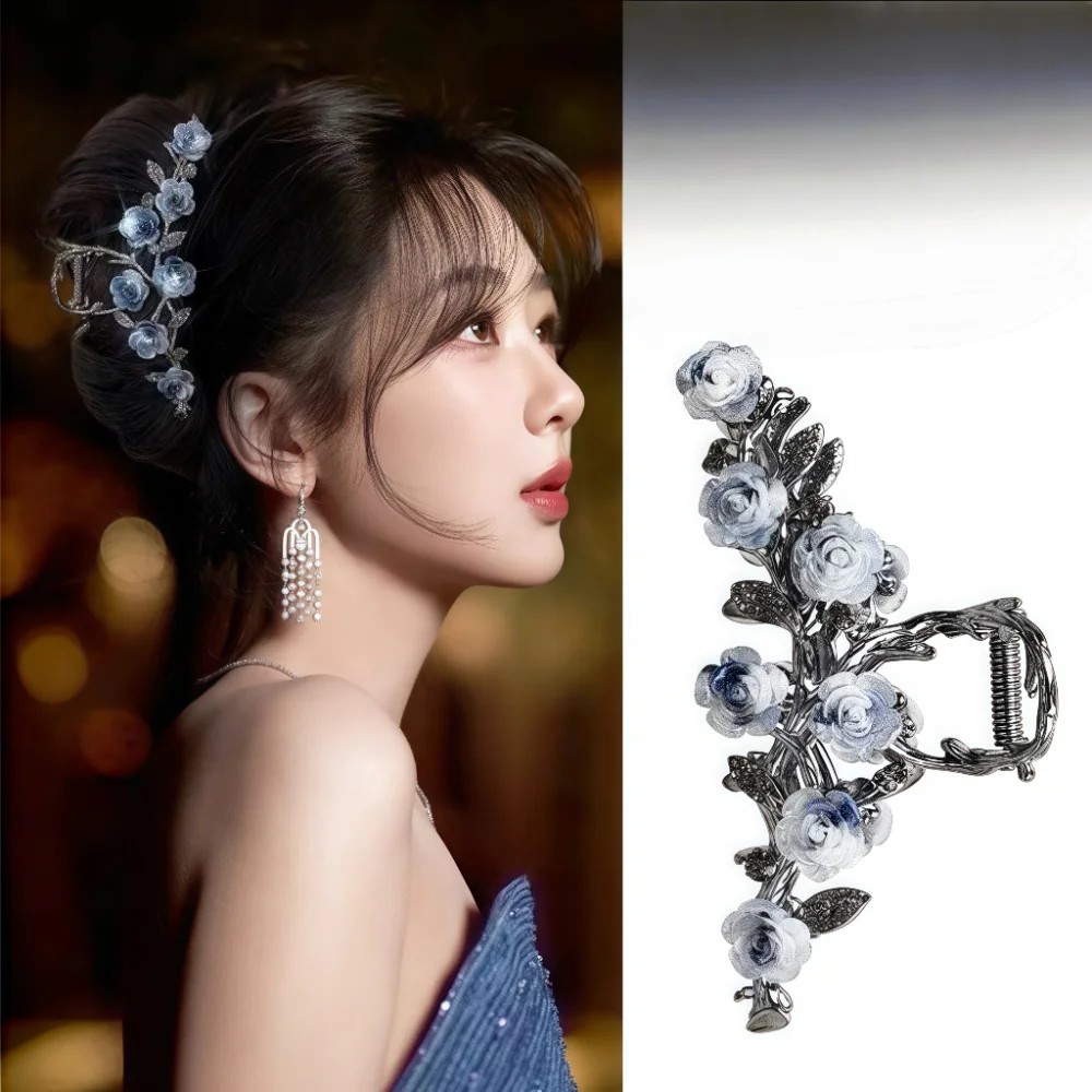 Luxury Black Metal Flower Hair Claw Clips Ponytail Grab Hair Clips For Woman Hairpins Girl Hair Accessories Headdress