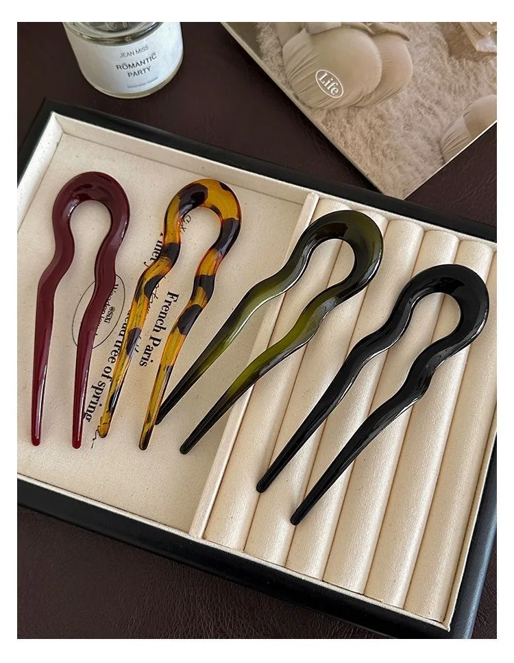 U-Shaped Hair Fork Fashion Tortoiseshell Acetate Hairpin Geometric Design Headwear Hair Sticks Women Girls