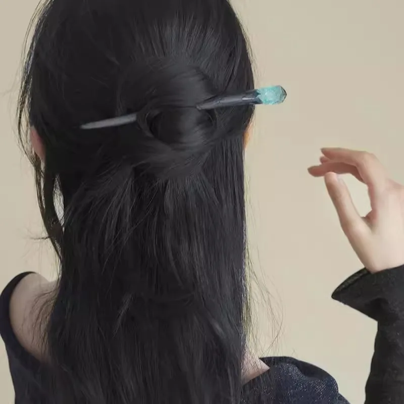 1PC Design Sense Colorblocking Hairpin Women's Premium Sense Ancient Style Hairpin High-end Daily Commuter Wooden Hairpin