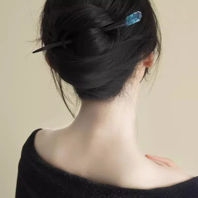 1PC Design Sense Colorblocking Hairpin Women's Premium Sense Ancient Style Hairpin High-end Daily Commuter Wooden Hairpin