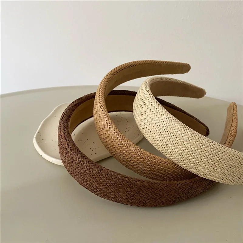 Raffia Grass Headband Wide Cross Braided Hairband Plain Color Vacation Headbands Simple Daily Women Hair Accessories