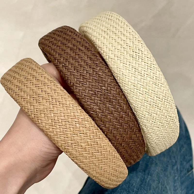 Raffia Grass Headband Wide Cross Braided Hairband Plain Color Vacation Headbands Simple Daily Women Hair Accessories
