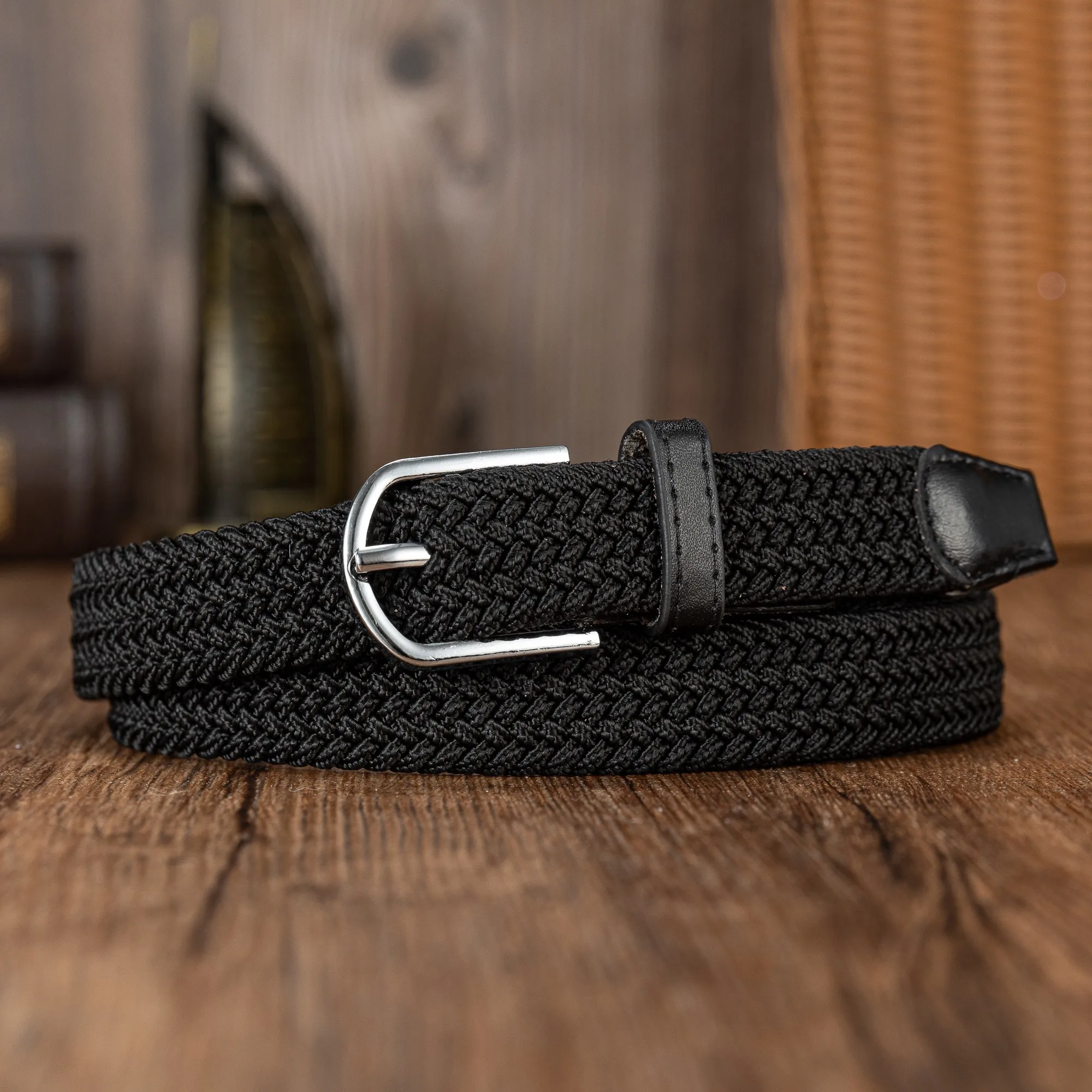 Woven elastic holeless needle buckle belt fashion belt