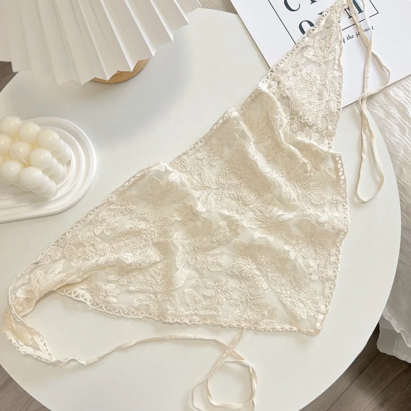 2025 New Style Lace Triangular Binder Headscarf Beige French Farm Style Girl Korean Style Ins Style Lace-up Hair Band Toe Cap
