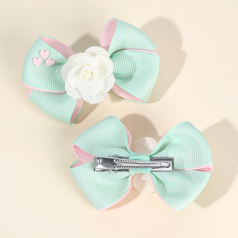 2Pcs Floral Bow Hair Clips Girls Sweet Heart Two Colours Ribbon Hairpin Solid Barrette Baby Children Headwear Hair Accessories