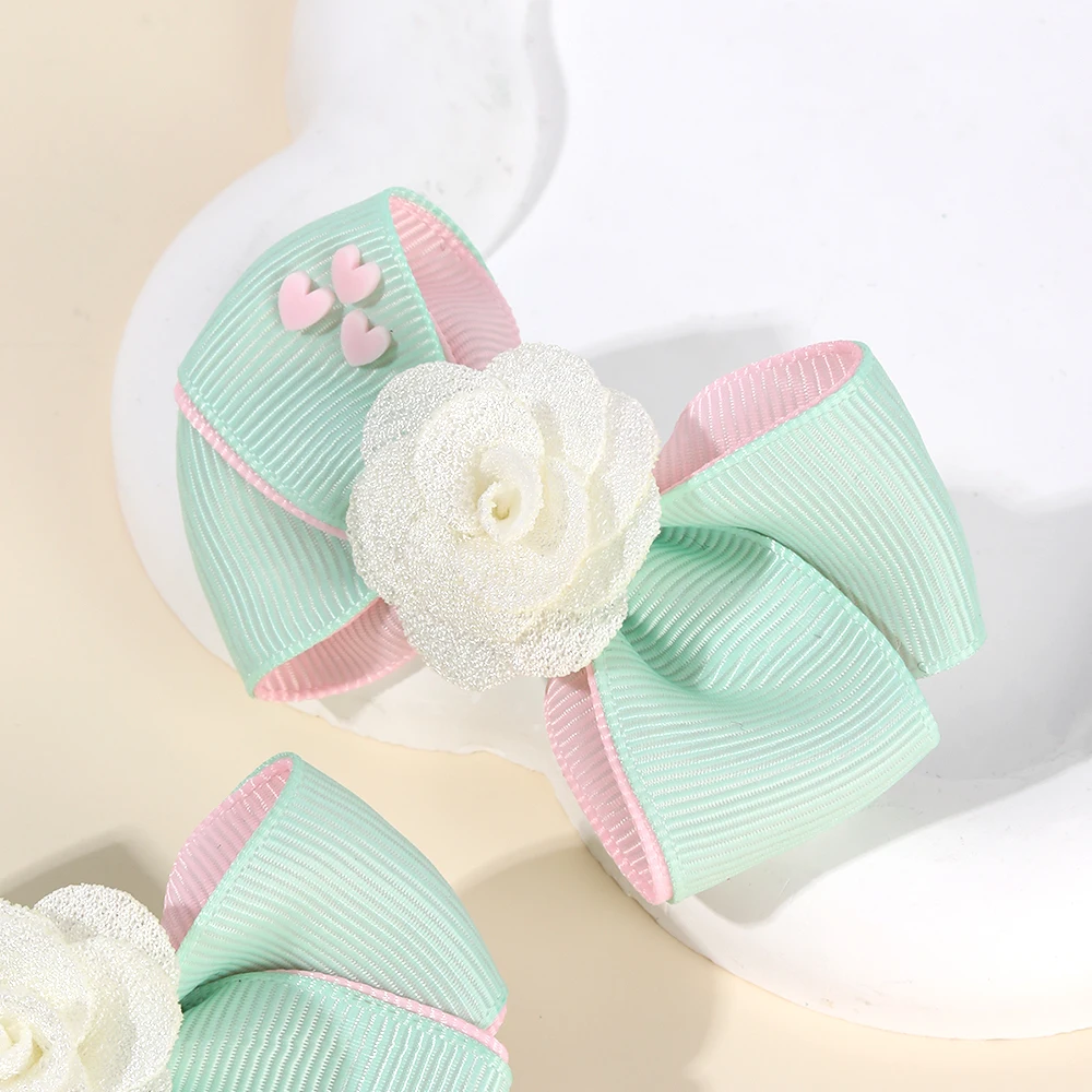 2Pcs Floral Bow Hair Clips Girls Sweet Heart Two Colours Ribbon Hairpin Solid Barrette Baby Children Headwear Hair Accessories