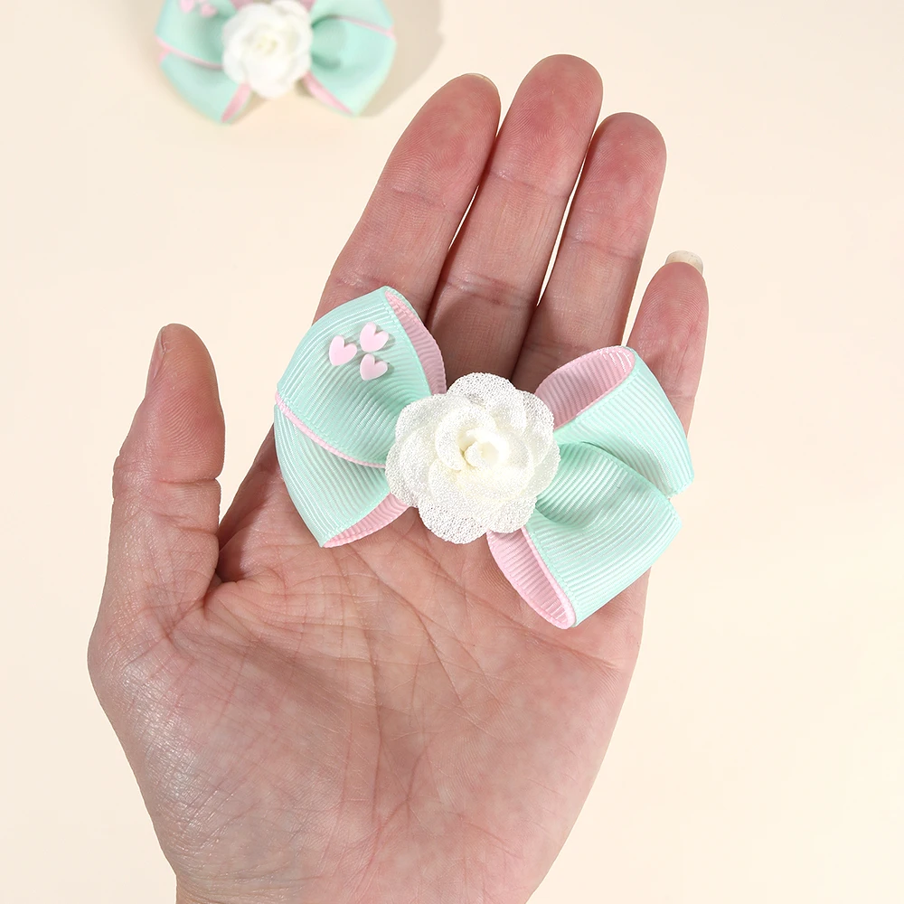 2Pcs Floral Bow Hair Clips Girls Sweet Heart Two Colours Ribbon Hairpin Solid Barrette Baby Children Headwear Hair Accessories