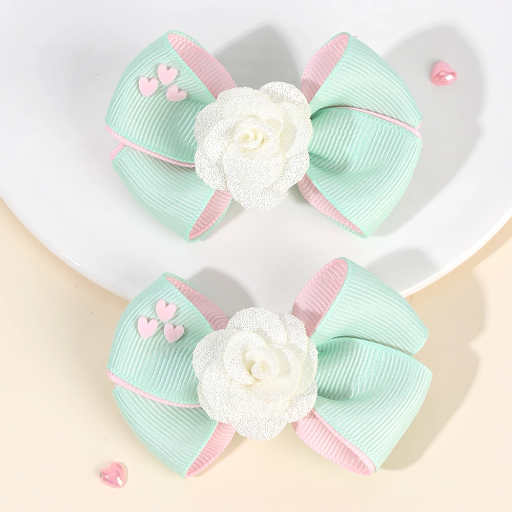 2Pcs Floral Bow Hair Clips Girls Sweet Heart Two Colours Ribbon Hairpin Solid Barrette Baby Children Headwear Hair Accessories