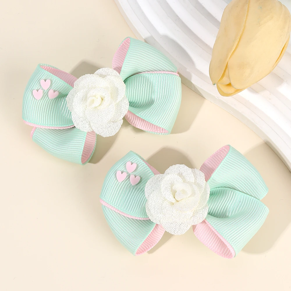 2Pcs Floral Bow Hair Clips Girls Sweet Heart Two Colours Ribbon Hairpin Solid Barrette Baby Children Headwear Hair Accessories