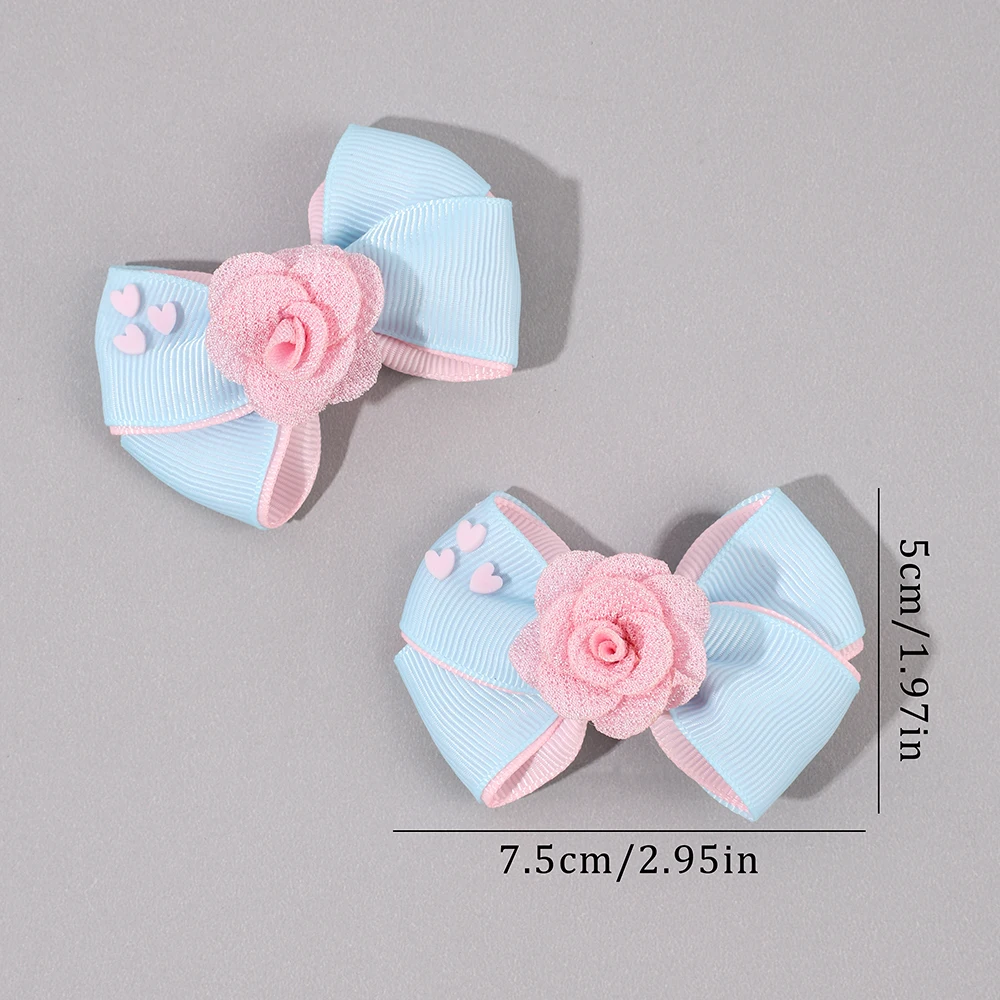 2Pcs Floral Bow Hair Clips Girls Sweet Heart Two Colours Ribbon Hairpin Solid Barrette Baby Children Headwear Hair Accessories