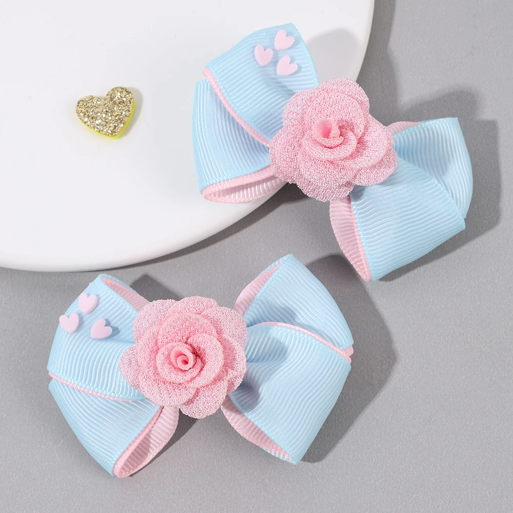 2Pcs Floral Bow Hair Clips Girls Sweet Heart Two Colours Ribbon Hairpin Solid Barrette Baby Children Headwear Hair Accessories
