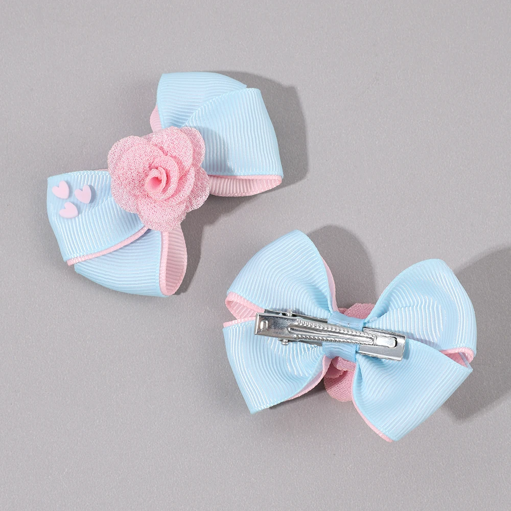 2Pcs Floral Bow Hair Clips Girls Sweet Heart Two Colours Ribbon Hairpin Solid Barrette Baby Children Headwear Hair Accessories