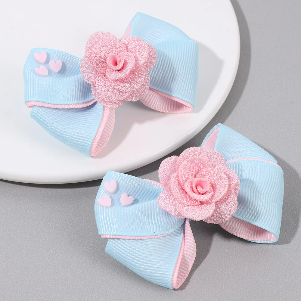 2Pcs Floral Bow Hair Clips Girls Sweet Heart Two Colours Ribbon Hairpin Solid Barrette Baby Children Headwear Hair Accessories