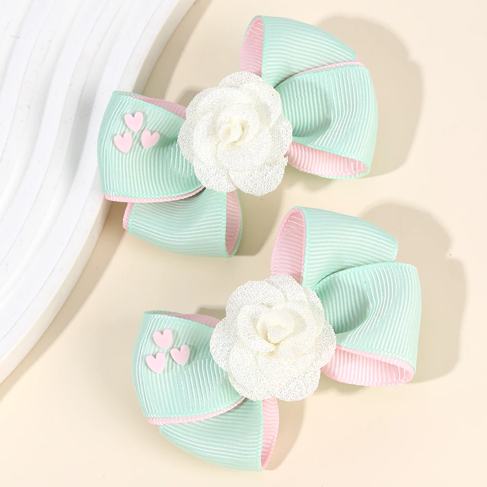 2Pcs Floral Bow Hair Clips Girls Sweet Heart Two Colours Ribbon Hairpin Solid Barrette Baby Children Headwear Hair Accessories
