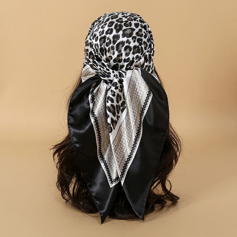 90cm Leopard Print Square Scarf Satin Silk Headband Bandana Woman Hijab Lady Fashion Hairwrap Rock Style Headscarf Islim Turban