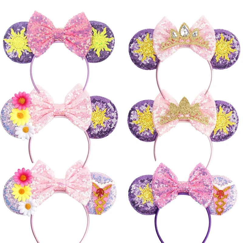 Cute Rapunzel Hair Bands for Women Chameleon Sun Flower Ears Headbands Kids Sequins Bow Hairband Girl Tangled Hair Accessories