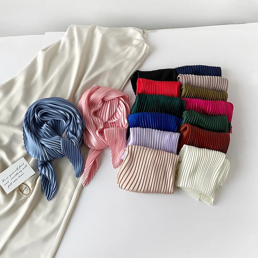 26 Colors Women Square Scarf Skinny Ribbon Head Neck Small Pleated Hair Tie Band Kerchief Satin Foulard Scarves Headscarf