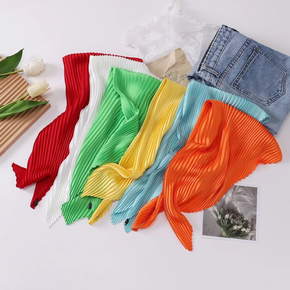26 Colors Women Square Scarf Skinny Ribbon Head Neck Small Pleated Hair Tie Band Kerchief Satin Foulard Scarves Headscarf
