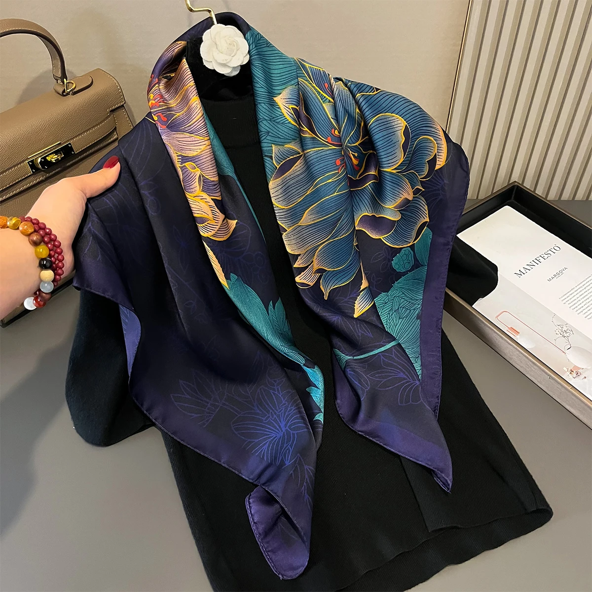 Latest Design Print Head Scarves Women Four Seasons Foulard Satin Square For Ladies Shawls 90*90 Silk Scarf Muslim Hijab