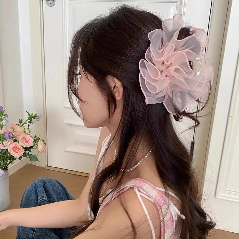 1pc Spring Summer Cloud Mesh Pleated Hair Claw, High-End Minimalist Shark Clip, Versatile Hair Accessory for Bun Hairstyle
