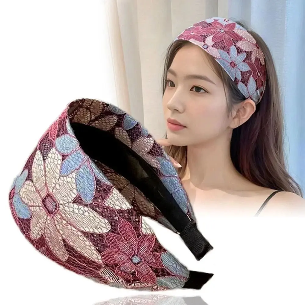 Fashion Embroidery Wide Headband Flower Wide Brim Hairband Toothed Simple Lace Headband Daily