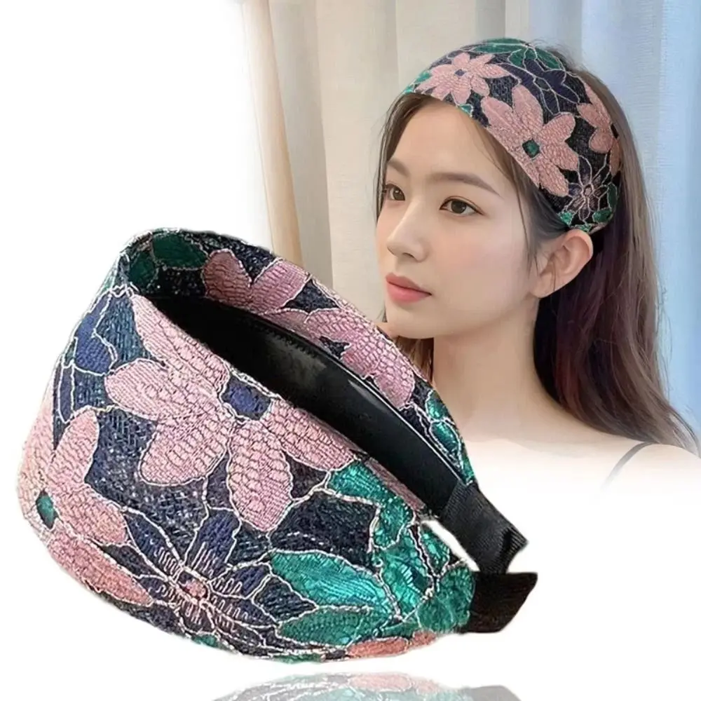 Fashion Embroidery Wide Headband Flower Wide Brim Hairband Toothed Simple Lace Headband Daily