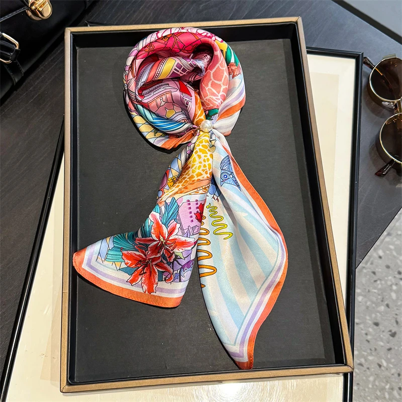 New 100% Real Silk Satin Women Scarf 2025 Flower Printed Foulard Femme Square Head Scarfs Bandana Shawl For Lady Hijab