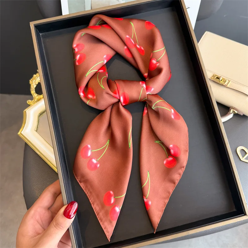 Luxury Square Satin Scarf Women Cute Fruit Cherry Pattern Shawls and Wraps Fashion Small Bag Scarves Hair Tie Bandanas 70*70Cm