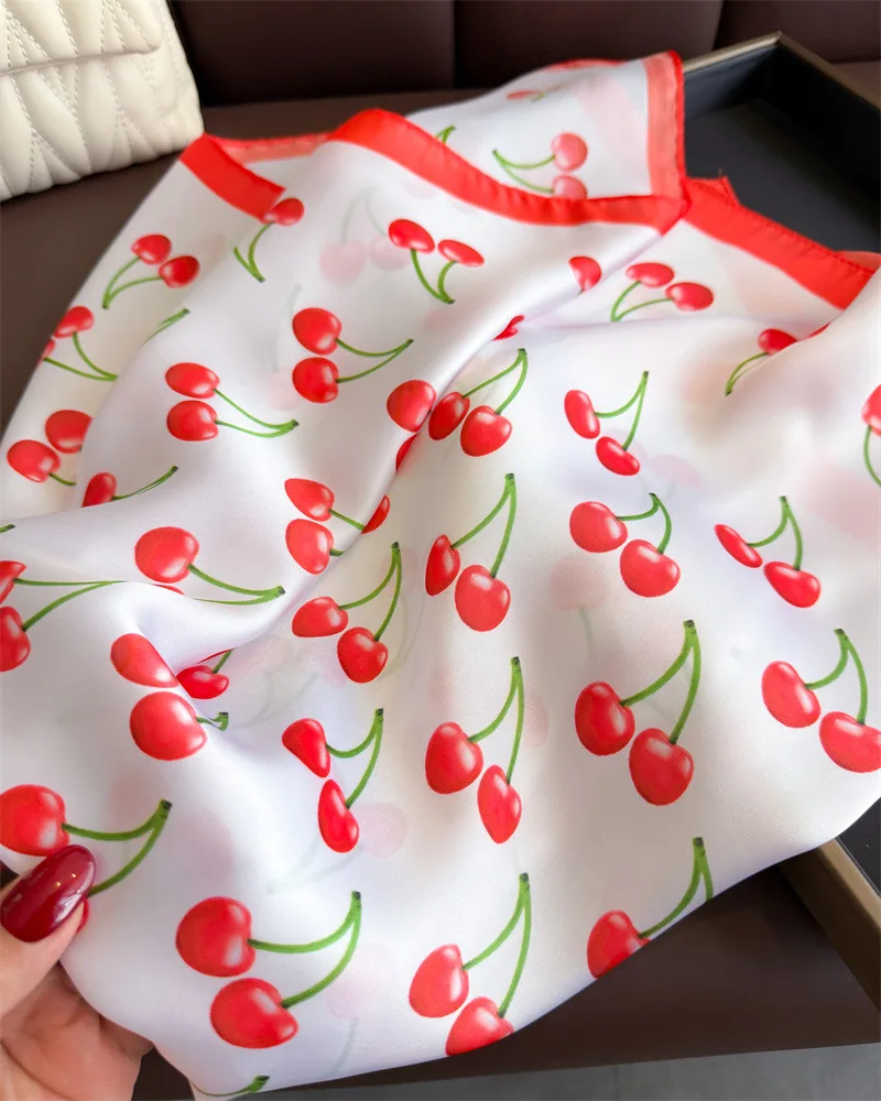 Luxury Square Satin Scarf Women Cute Fruit Cherry Pattern Shawls and Wraps Fashion Small Bag Scarves Hair Tie Bandanas 70*70Cm