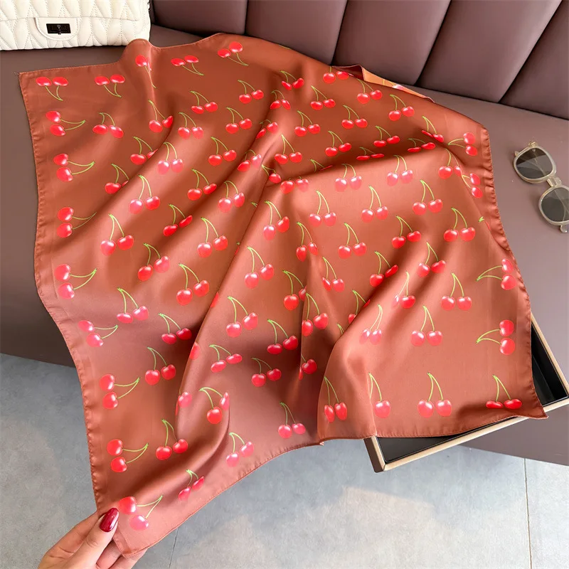Luxury Square Satin Scarf Women Cute Fruit Cherry Pattern Shawls and Wraps Fashion Small Bag Scarves Hair Tie Bandanas 70*70Cm