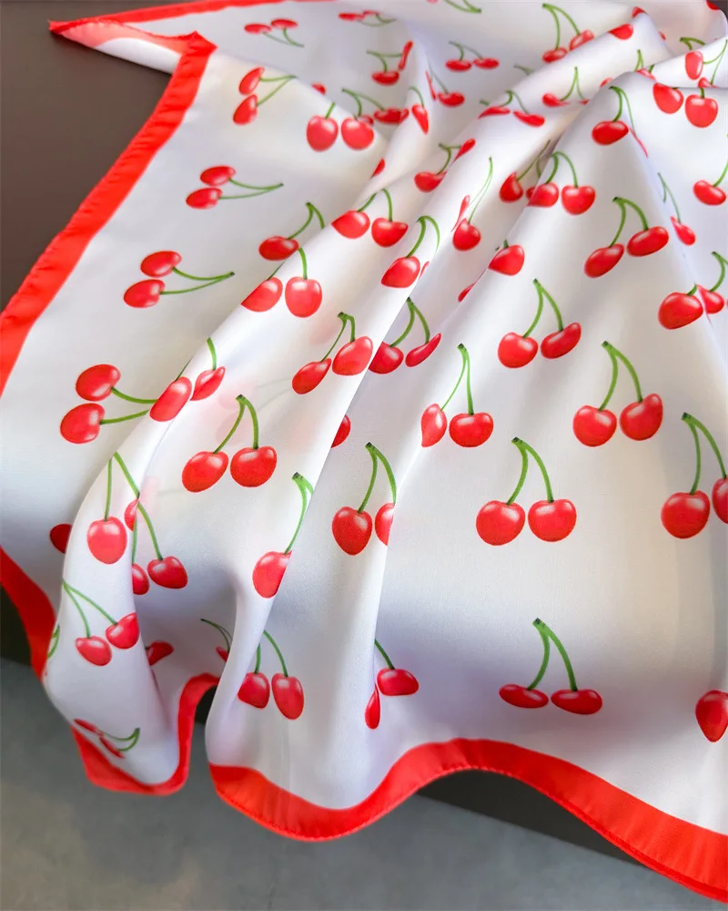 Luxury Square Satin Scarf Women Cute Fruit Cherry Pattern Shawls and Wraps Fashion Small Bag Scarves Hair Tie Bandanas 70*70Cm