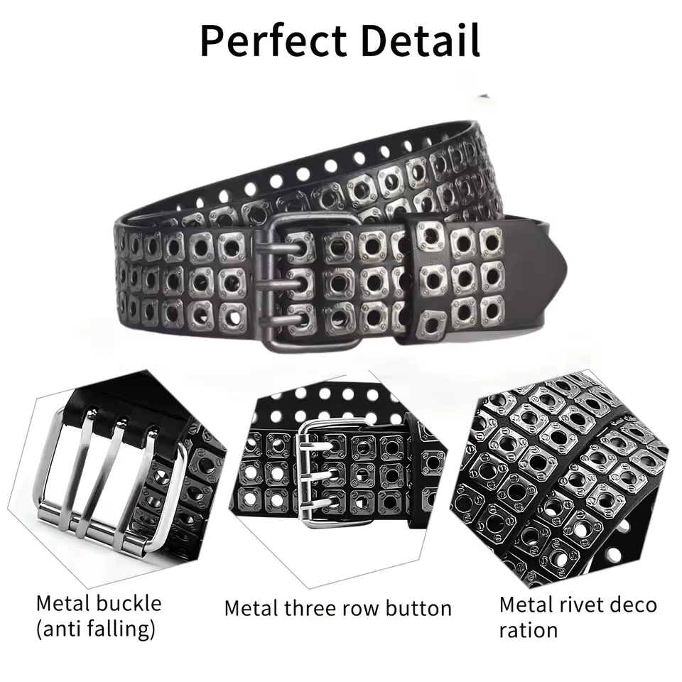 New Women Belt Fashion Square Beads, Willow Nails, Three Exhaust Eyes, Punk Street Cool, Personalized Men's and Women's Belts