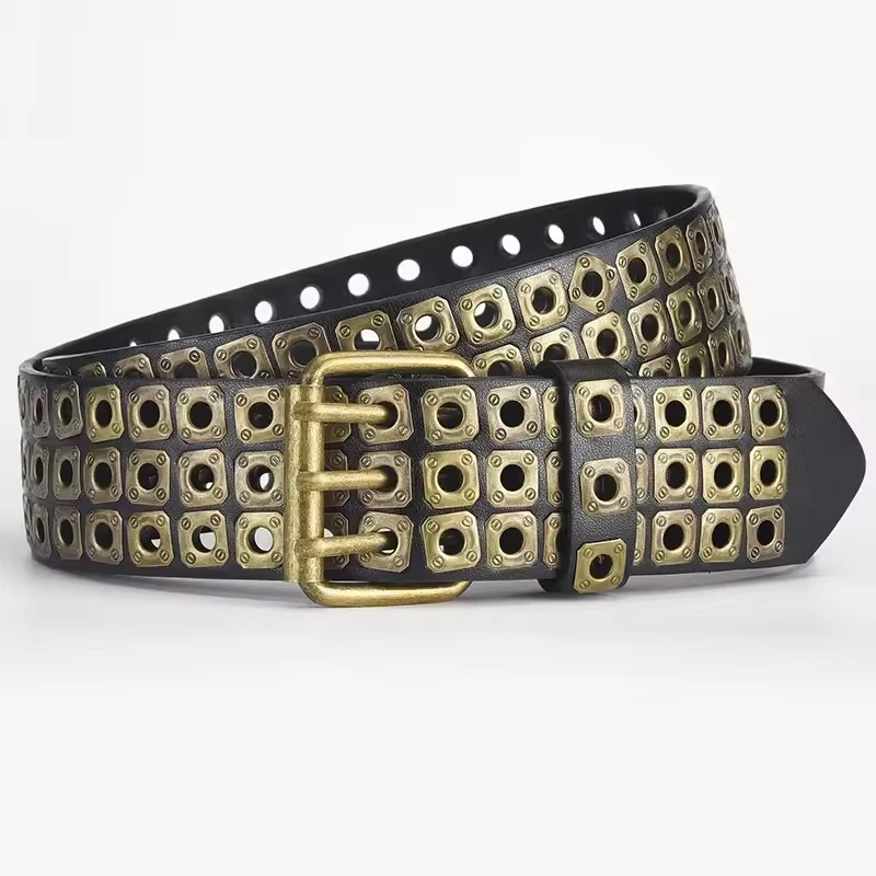 New Women Belt Fashion Square Beads, Willow Nails, Three Exhaust Eyes, Punk Street Cool, Personalized Men's and Women's Belts