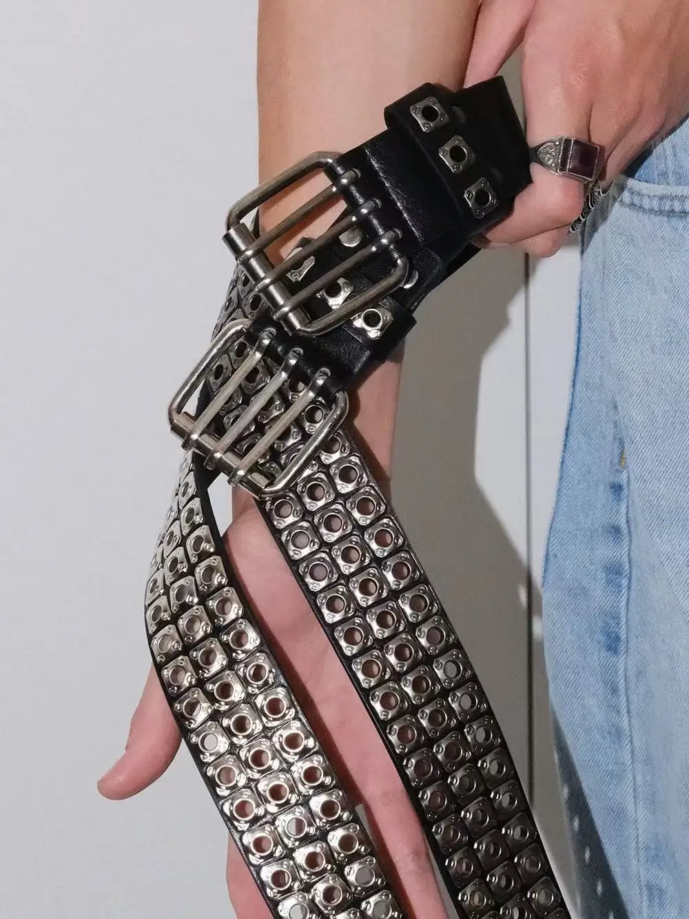New Women Belt Fashion Square Beads, Willow Nails, Three Exhaust Eyes, Punk Street Cool, Personalized Men's and Women's Belts