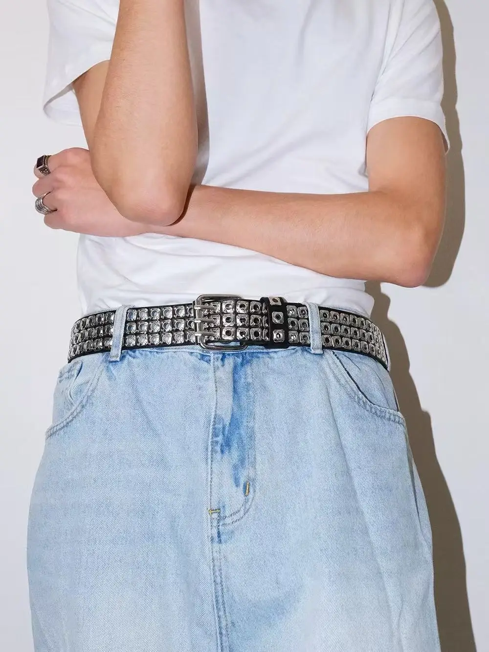 New Women Belt Fashion Square Beads, Willow Nails, Three Exhaust Eyes, Punk Street Cool, Personalized Men's and Women's Belts
