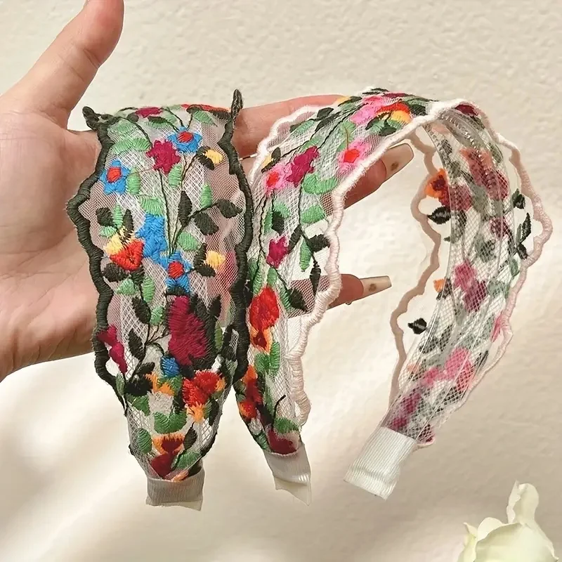 2pcs Women'S Floral Lace Headbands - Vintage Bohemian Wide Non-Slip Mesh Hairbands with Comb Teeth, Colorful Flower Embroidery