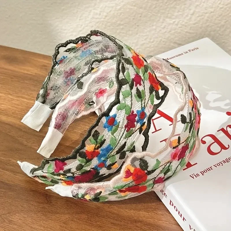 2pcs Women'S Floral Lace Headbands - Vintage Bohemian Wide Non-Slip Mesh Hairbands with Comb Teeth, Colorful Flower Embroidery
