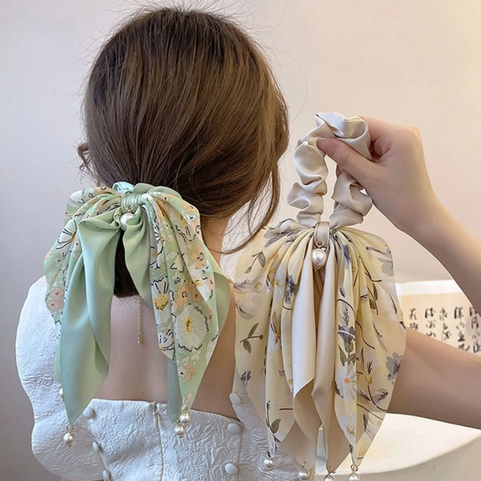 1PC Floral Print Satin Hair Scrunchies with Ribbon & Pearl Accents, Elegant Hair Ties for Women, Charming Hair Accessories Set