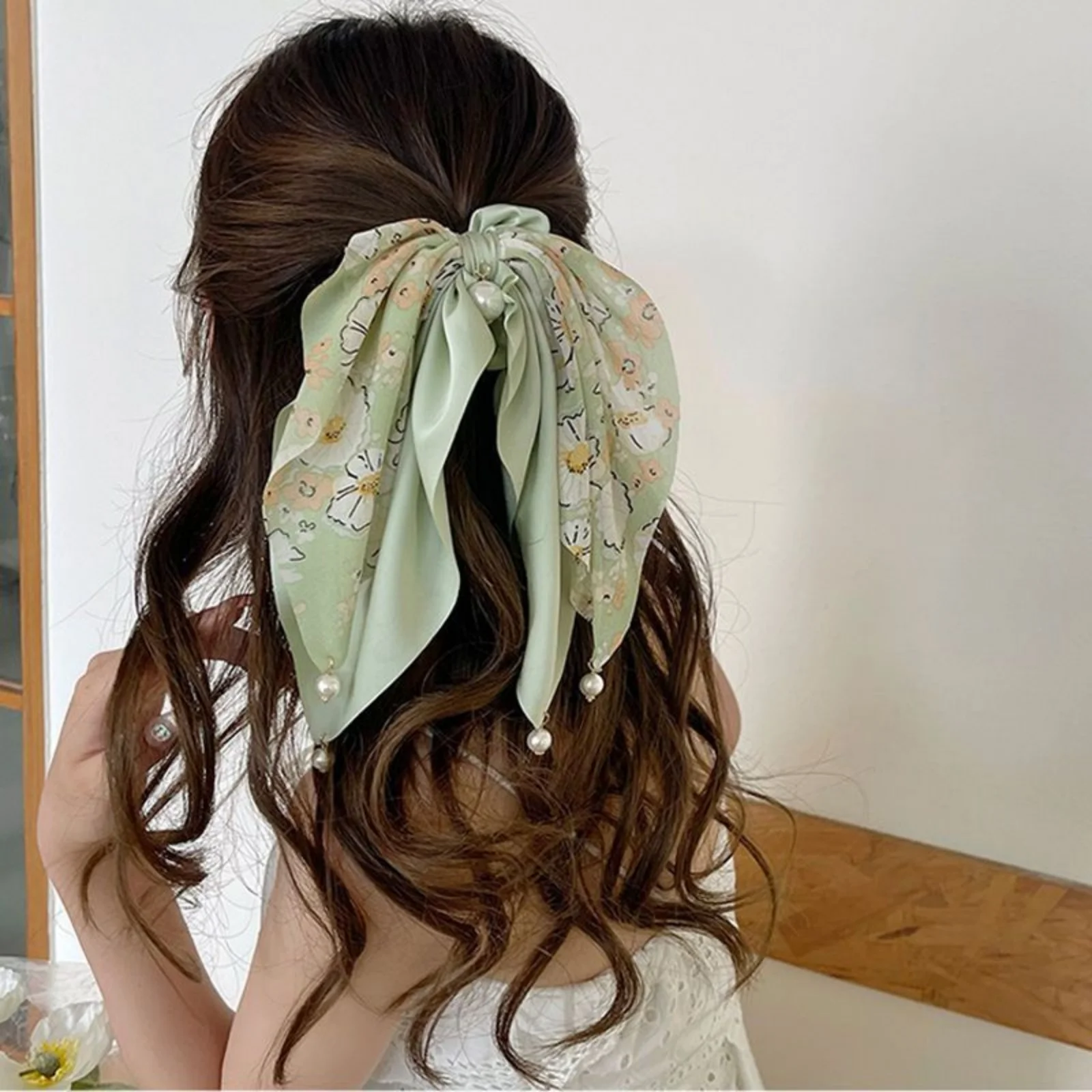 1PC Floral Print Satin Hair Scrunchies with Ribbon & Pearl Accents, Elegant Hair Ties for Women, Charming Hair Accessories Set