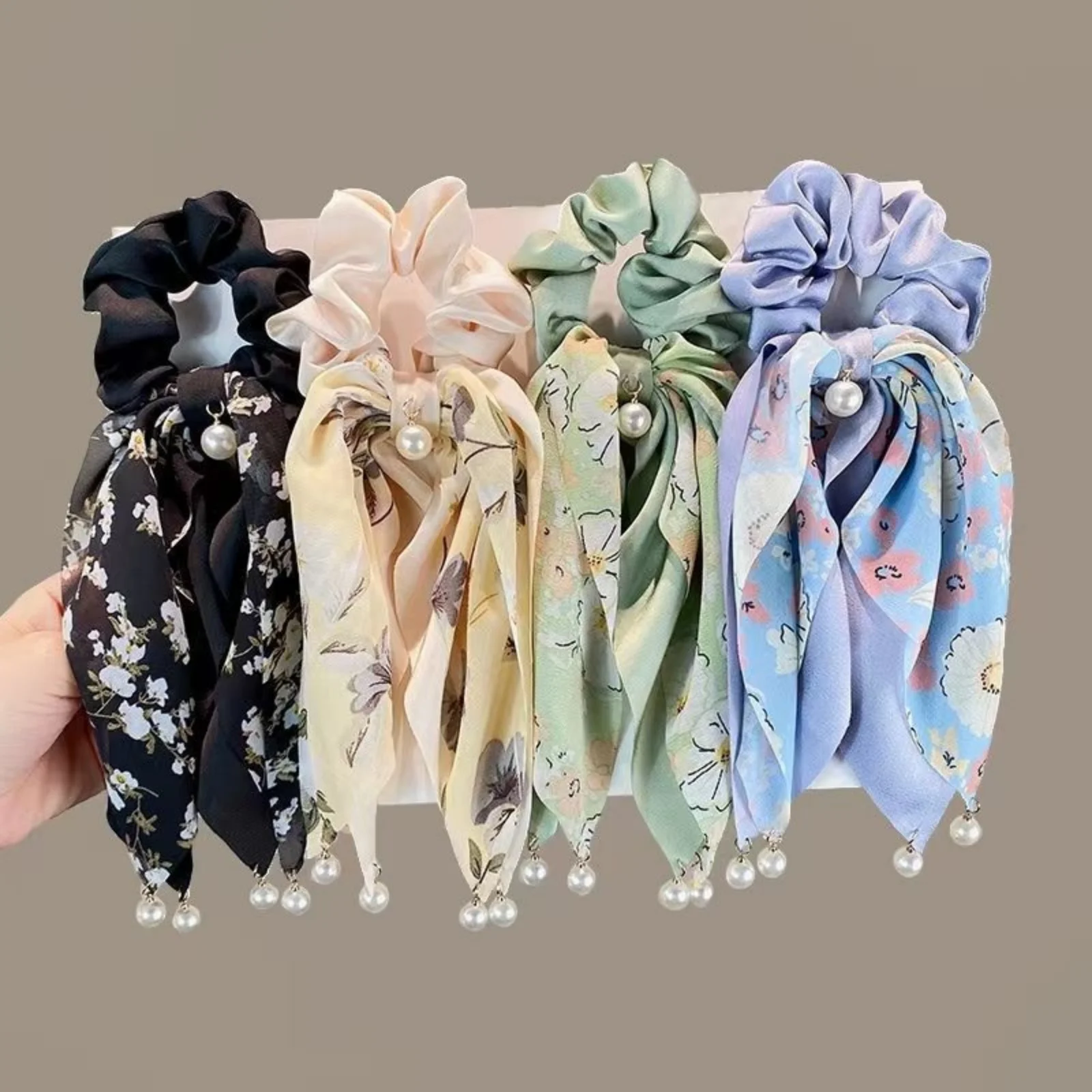 1PC Floral Print Satin Hair Scrunchies with Ribbon & Pearl Accents, Elegant Hair Ties for Women, Charming Hair Accessories Set