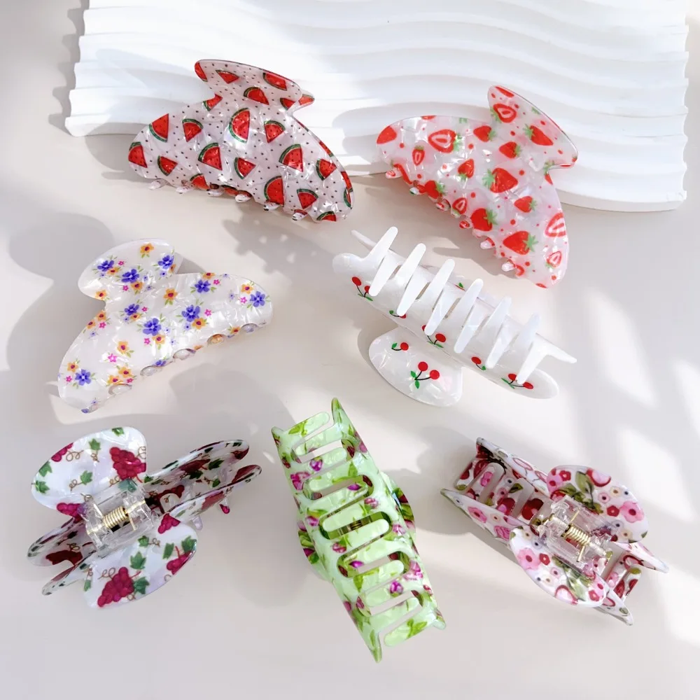 Korean Acrylic Hair Claw Clips for Women And Girls Flower Fruits Design Thick Thin Hair Styling Accessories Sweat Catch Hairgrip