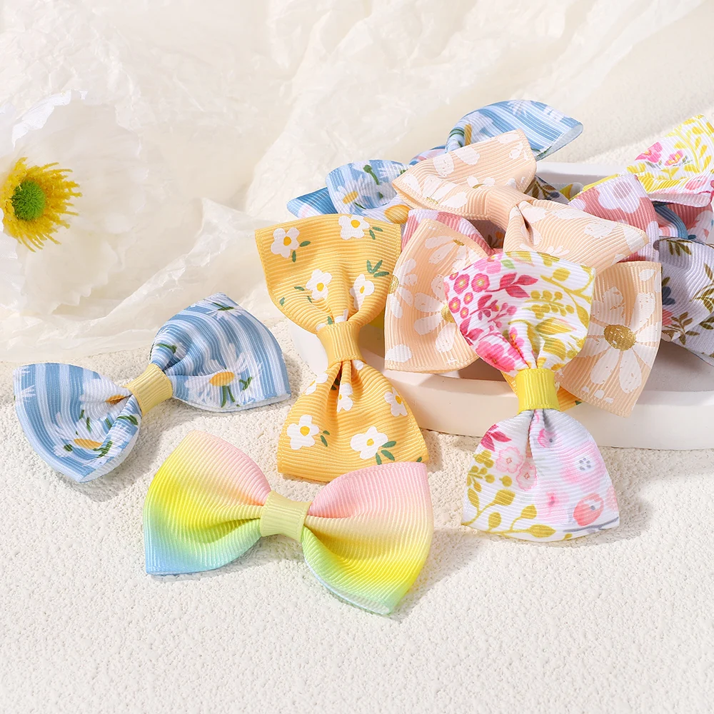 50PCS Random Colorful Lovely Hair Bows Hairgripes Sweet Daisy Printing Hair Clips Kids Boutique Barrette