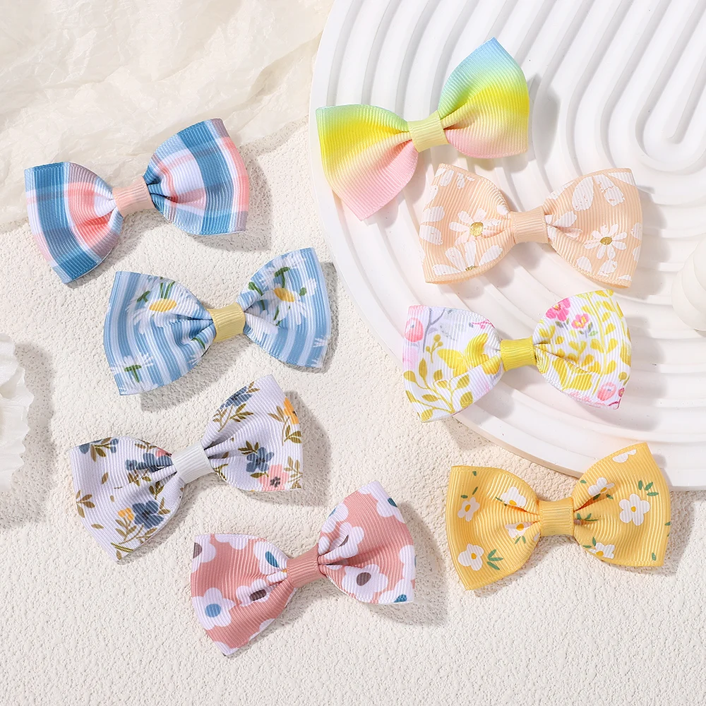 50PCS Random Colorful Lovely Hair Bows Hairgripes Sweet Daisy Printing Hair Clips Kids Boutique Barrette