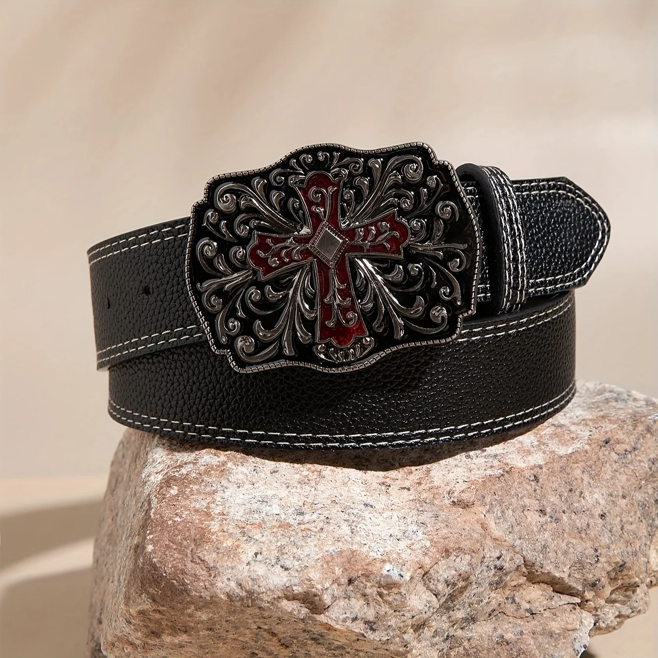 1pc Men's Y2k Punk Petal Cross Buckle Casual Black Belt, A Versatile Decorative Belt for Jeans, Suitable for Daily Travel