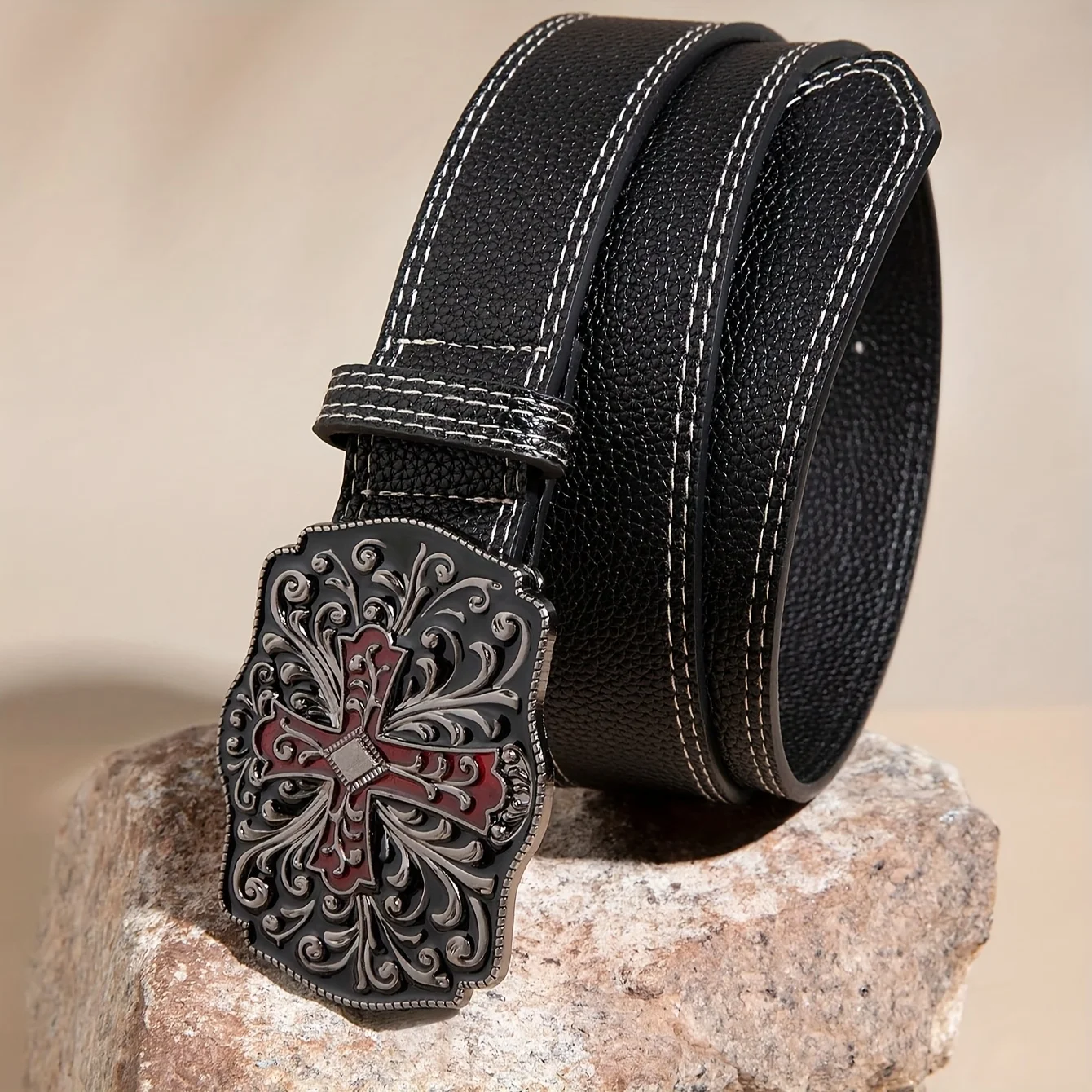 1pc Men's Y2k Punk Petal Cross Buckle Casual Black Belt, A Versatile Decorative Belt for Jeans, Suitable for Daily Travel