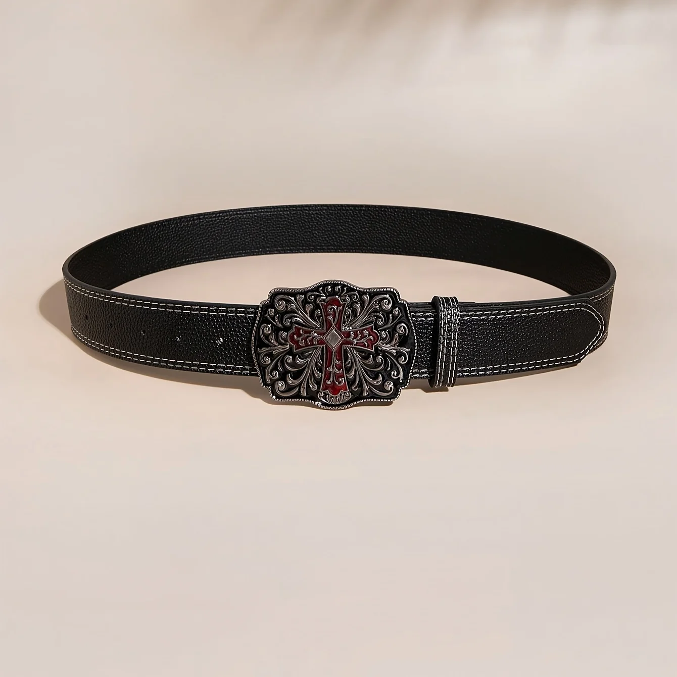 1pc Men's Y2k Punk Petal Cross Buckle Casual Black Belt, A Versatile Decorative Belt for Jeans, Suitable for Daily Travel