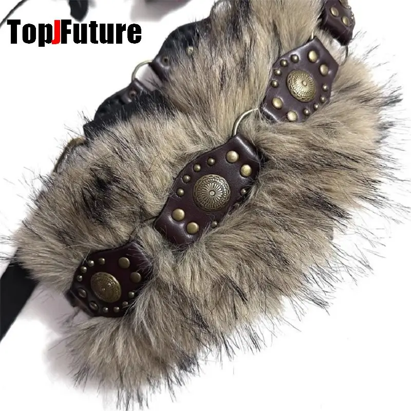 The Spice Girl Women's Harajuku Steampunk Y2K Plush American Vintage Dark Furry Belt Concave Shaped Decorative Waist Chain