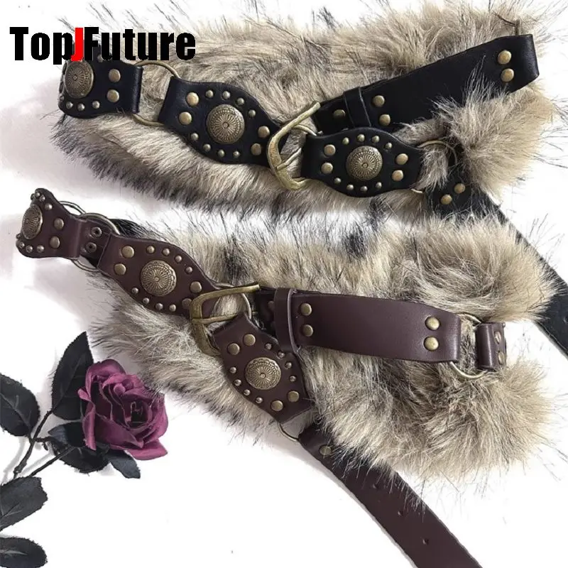 The Spice Girl Women's Harajuku Steampunk Y2K Plush American Vintage Dark Furry Belt Concave Shaped Decorative Waist Chain